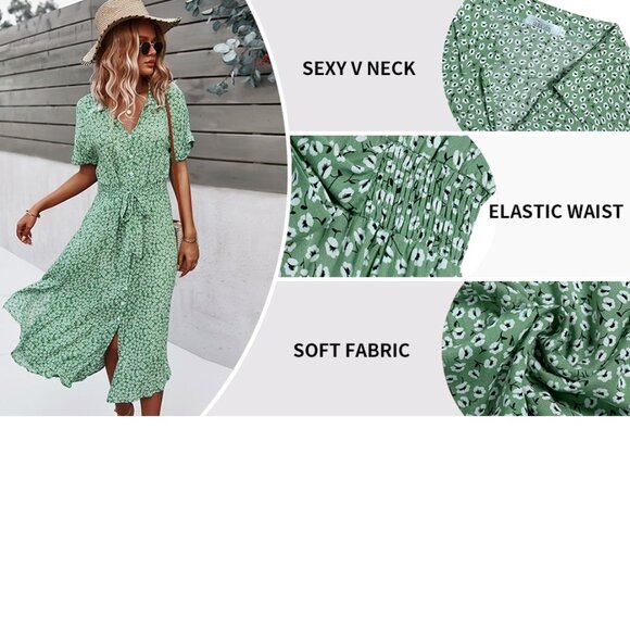 Shortsleeve Button-up Green Floral Midi Dress - Picture 3 of 8